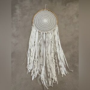 Handmade large dream catcher crochet white lace pom pom fringe